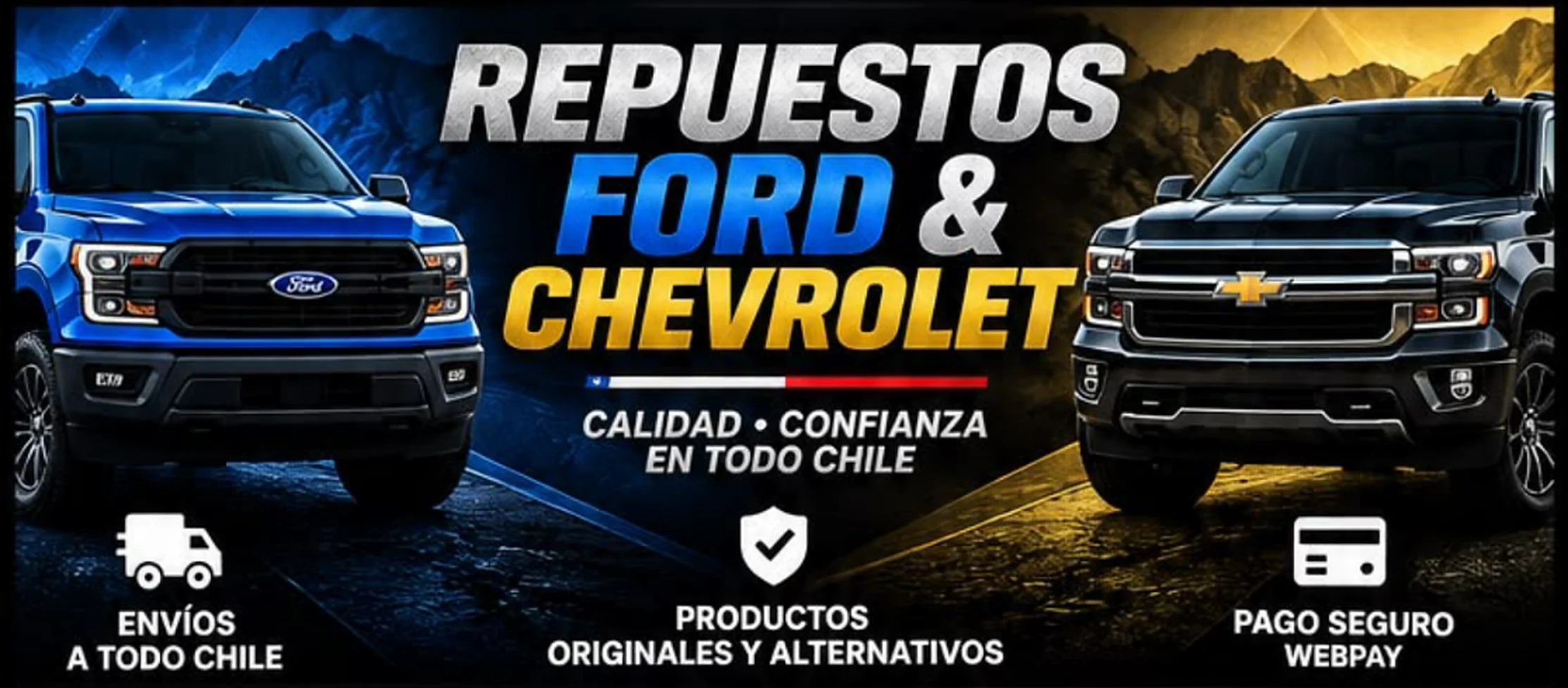 Repuestos Ford y Chevrolet. Calidad y confianza en todo Chile. Envíos a todo Chile, productos originales y alternativos, y pago seguro con Webpay.